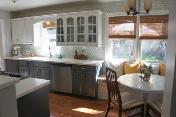 gray and white kitchen makeover with painted cabinets, LoveLee Homemaker featured on Remodelaholic