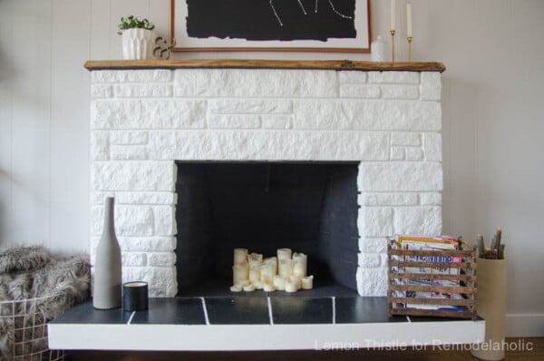 DIY Painted Stone Fireplace Makeover With Live Edge Wood Mantel, Lemon Thistle On Remodelaholic