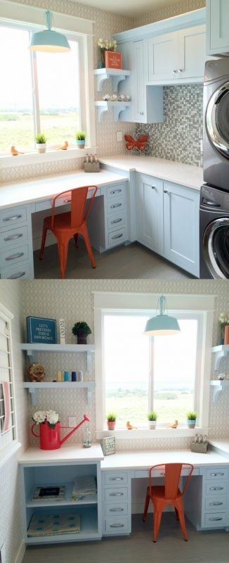 compact craft and laundry room to make use of space featured on Remodelaholic.com