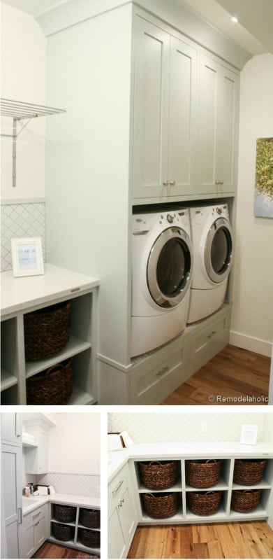 great laundry with built-in baskets and storage and more featured on Remodelaholic.com