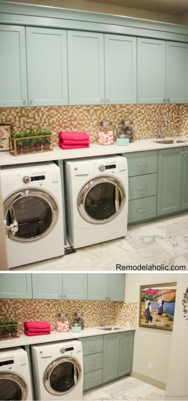 laundry Room with cute colored cabinets for a pop of color featured on Remodelaholic.com